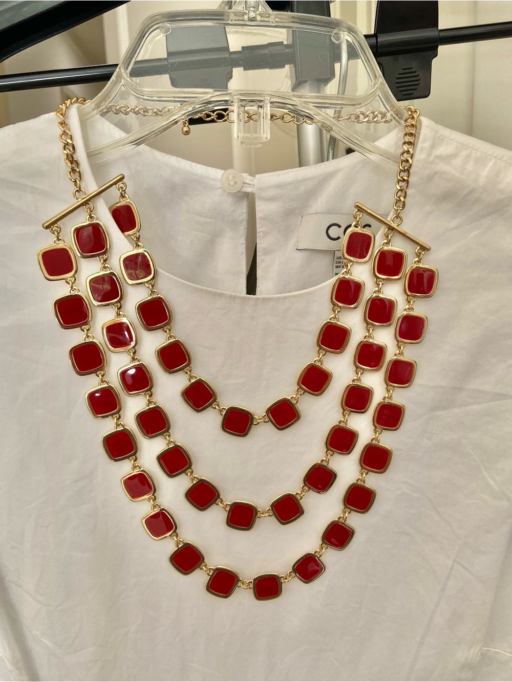 Red Multi-Row Statement Necklace - Gold Chain